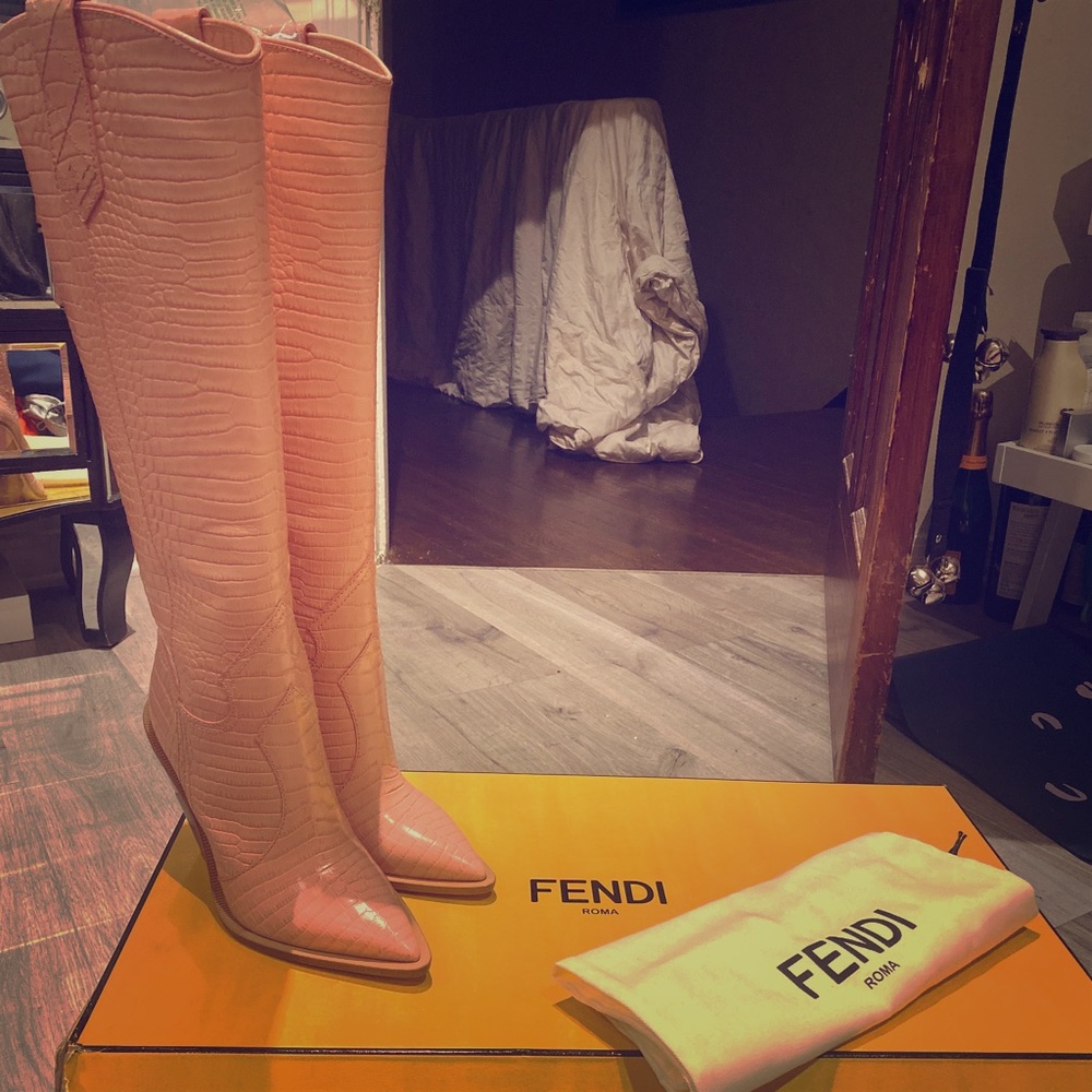 Pink “Fendi” Cowboy Boots - Croc. Embossed Leather